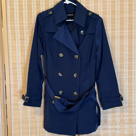 LONDON FOG Womens M Double Breasted Belted Trench Coat  Navy Office Outdoors - Picture 1 of 11